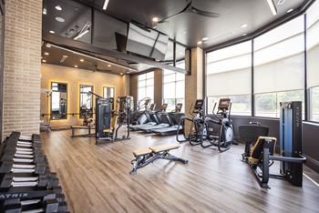 A large fitness room with cardio equipment and windows